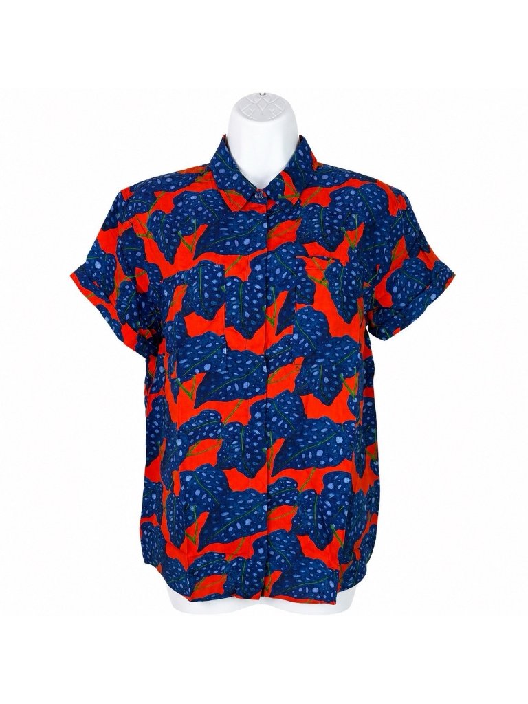 Wildfang Empower Ss Button Up S Nwt Blue Red Leaf Print Rayon Boxy Shirt Top